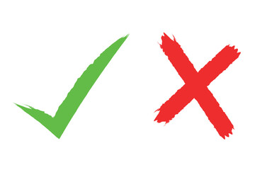 Hand drawn brush stroke green check mark and red cross shape icon design element