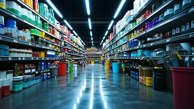 Expansive indoor scene of a hardware store aisle stacked with hammers, wrenches, paint rollers, and buckets of paint, brightly lit by overhead fluorescent lights