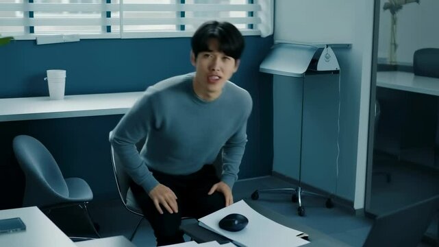 Awkward Man in Office Displays Social Anxiety and Discomfort Through Fidgeting and Blinking