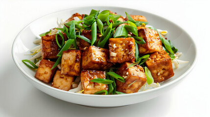 Fototapeta premium Tofu Poke With Fried Tofu And Green Onion Garnish