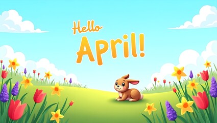 Fototapeta premium Digital illustration of a cute, chubby brown bunny sitting on a grassy hill, surrounded by colorful tulips and daffodils. The sky is a bright blue with fluffy white clouds. The words 