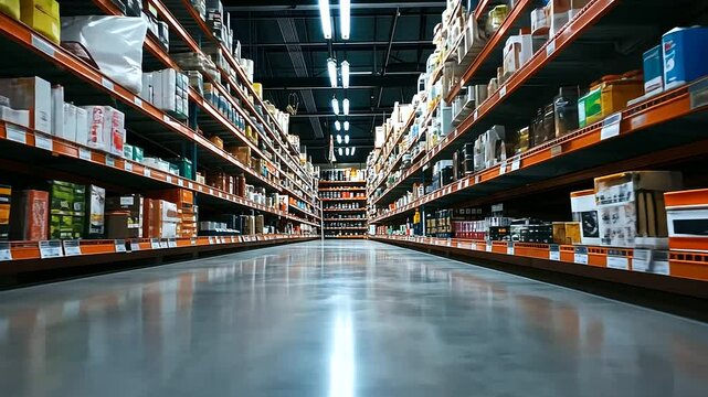 Wide-angle hardware store aisle with floor-to-ceiling shelves filled with neatly sorted tools, paint cans, adhesives, and wood panels under the industrial glow of fluorescent fixtu