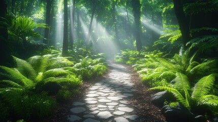 Fototapeta premium Sunbeams illuminate a stone path winding through a lush, misty forest, ferns lining the way.