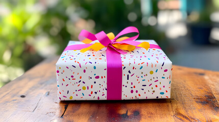 A fun and colorful birthday gift wrapped in confetti-patterned paper and topped with a playful, vibrant ribbon, ready to party.