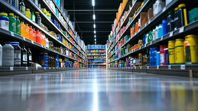Clean, organized hardware store aisle bursting with rows of power tools, colorful spray paints, caulking tubes, and construction materials under cold fluorescent lighting