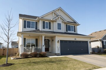 A charming two-story suburban home bathed in sunlight, showcasing a welcoming front porch and a sophisticated gray garage door, nestled in a neatly landscaped yard.