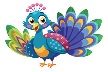 Fototapeta premium Colorful Cartoon Peacock on a Transparent Background, Cute Bird Design