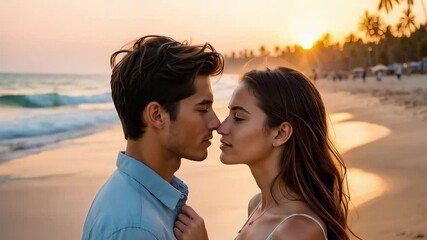 Romantic couple sharing an intimate moment on the beach during sunset - Powered by Adobe