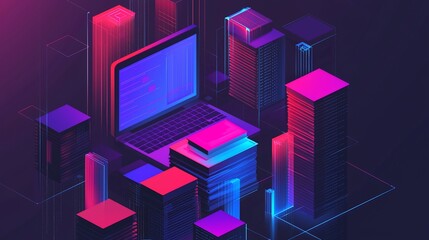 Obraz premium Laptop in futuristic city; data processing; night; tech background; website banner