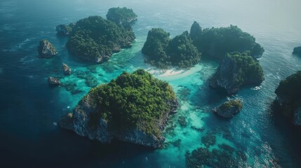 Fototapeta premium A stunning aerial view of the breathtaking archipelago in Thailand, showcasing its lush green islands and crystal-clear waters.