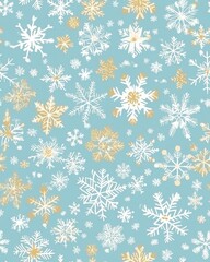 A seamless pattern featu elegant white and gold snowflakes of varying sizes and intricate designs on a soft light blue background perfect for winter holiday designs.