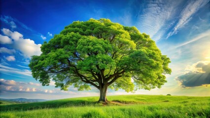 A solitary tree stands amidst a lush carpet of greenery, its branches stretching towards the sky amidst vibrant foliage