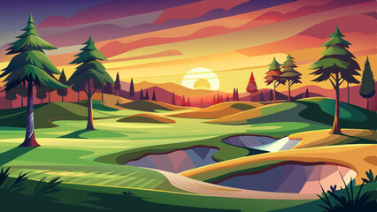 Obraz premium Sunset golf course bunker, scenic pines, tranquil evening