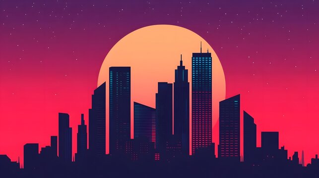 Illuminated Futuristic Cityscape with Glowing Moon at Nighttime