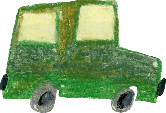 Naklejki Cute stylized oil pastel cargo minibus truck transport illustration. Bright camouflage color hand drawn military car clipart for kids t-shirt textile design, sticker, label, nursery poster