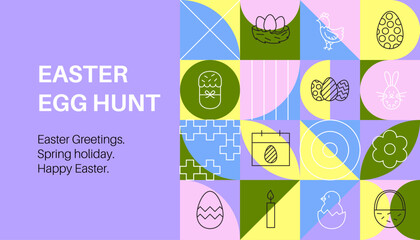 Easter Egg Hunt Banner Line Geometrical. Vector Illustration of Triangular and Polygonal Background. Outline Religious Traditional Holiday Symbols. Christianity Objects.