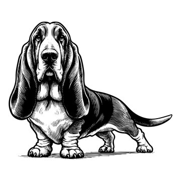 Basset hound dog sketch engraving black and white outline. Scratch board imitation.  illustrated in vintage line art style on a white background.
