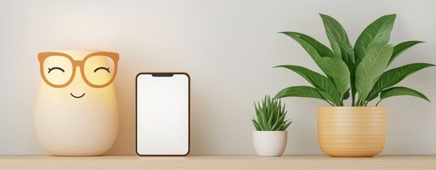 Cozy Desk Setup with Cute Lamp, Smartphone, and Green Plants