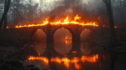Fototapeta premium Burning ancient stone bridge over river in misty forest.