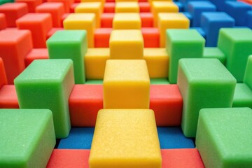 Obraz premium A vibrant arrangement of colorful blocks in various shapes, inviting creativity and playfulness in a structured layout.