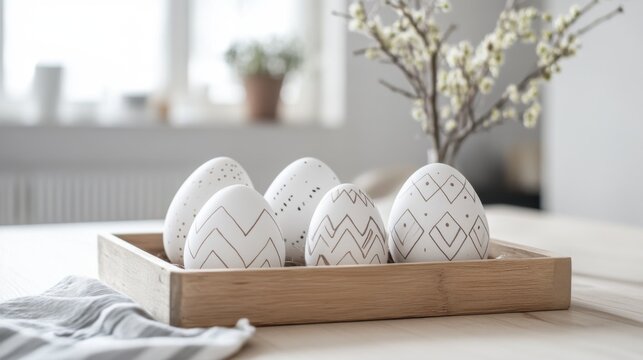 Scandinavian minimalist Easter egg display, clean white eggs with sparse geometric patterns