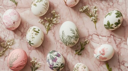 Naturally dyed easter eggs with botanical imprints on a dusty pink marble countertop