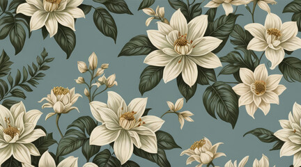 Vintage floral pattern with white flowers and green leaves on a soft blue background. Elegant, botanical design perfect for backgrounds or textiles.