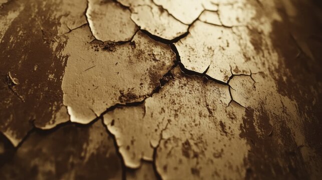 Old cracked paint on a wooden surface, vintage sepia tones, fine details, film grain effect, warm lighting