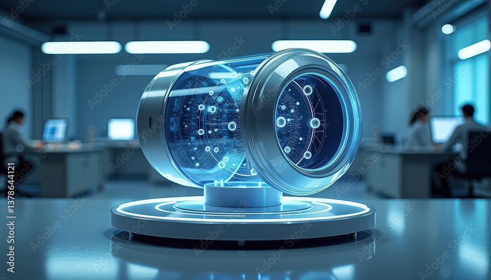 Aufkleber A high-tech laboratory setting with futuristic, illuminated components resembling advanced machinery or equipment.