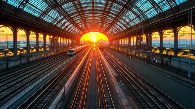 Sunset train station,  perspective view of railway tracks,  trains and  architecture