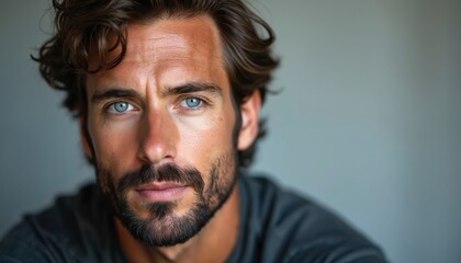 Obraz premium Handsome man portrait, piercing blue eyes, stylish beard. Caucasian male with brown hair, looks directly, expresses serious thought. Natural light studio photo. Attractive, photogenic face