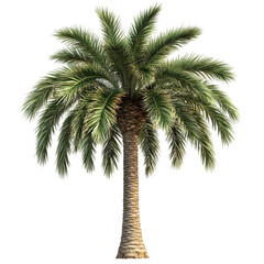 A single palm tree with a textured trunk and green fronds on black back
