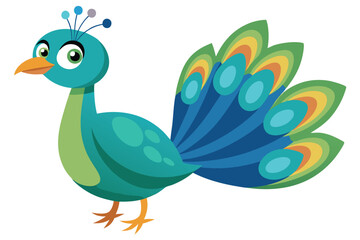 Fototapeta premium Vibrant Cartoon Peacock with Feathers and Detailed Eyes on a Transparent Background