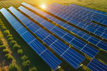 Solar Cell Panel Field in Green Landscape Under Bright Blue Sky, Renewable Energy Concept with Sustainable and Eco-Friendly Power Generation for Clean Technology and Environmental Conservation