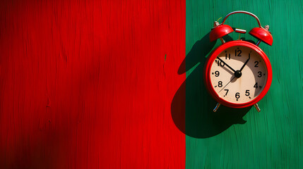 Red Alarm Clock On Colored Background

