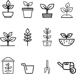 Set of Minimalist Agriculture Icons - Line Drawings of Farming and Gardening Elements