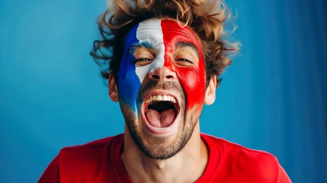 A zealous man with French flag face paint, wearing a red shirt, roars with passion against a blue backdrop.
Concept of: Ardent patriotism unveiled.