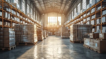 Large warehouse with stacked goods, lit by sunlight, on wooden shelves