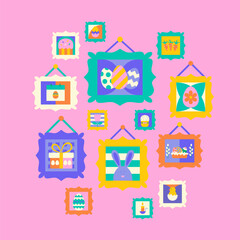 Happy Easter Wall Paintings Concept. Vector Illustration of Museum Art in Frames Background. Texture. Seasonal Religious Holiday. Egg Hunt and Bunny.