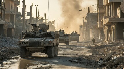 A military truck convoy passing through a war-torn city,