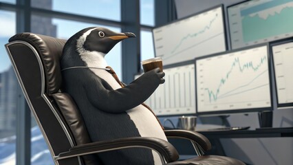 CEO Penguin sitting in a premium leather office chair, sipping espresso while reviewing company performance charts.