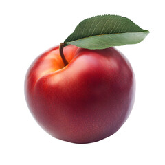 A glossy red plum with a single green leaf on a black background view