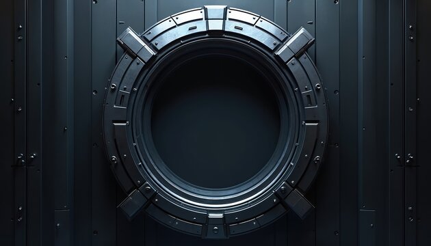 Futuristic metallic circular gate against dark background. Sci-fi portal design, space ship elements, innovative tech. Abstract mechanical engineering structure.