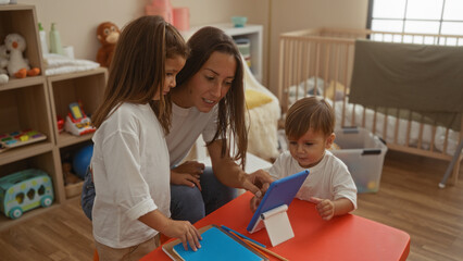 Woman with daughter and son using a tablet indoors in a cozy home bedroom with a cradle in the background, emphasizing family love and togetherness.