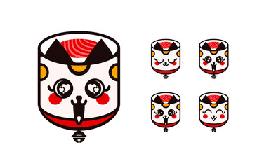 Sushi mascot logo, maneki-neko lucky cat kawaii, Cute expressions Japanese aesthetics, vector, branding, illustration