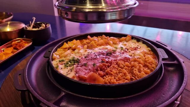 Takgalbi. Grilled patel with marinated chicken, tteokbokki, cabbage, noodles and mozzarella. Korean food. Delicious food in a restaurant. Hot food in a grilled patel