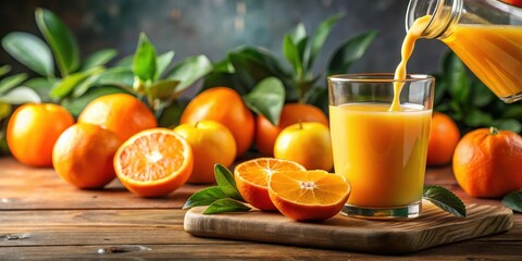 Fototapeta premium Freshly squeezed orange juice poured into a glass, citrus drink, healthy drink
