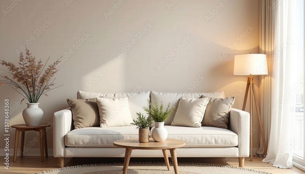 Poster  Couch with two cushions and a wooden table in front of it. 