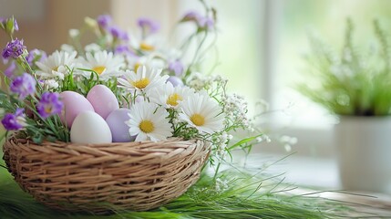 Pastel Easter eggs in bird nest with daisies