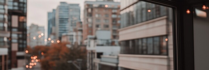Fototapeta premium Cityscape view through window with blurred lights in urban setting, depth of field effect